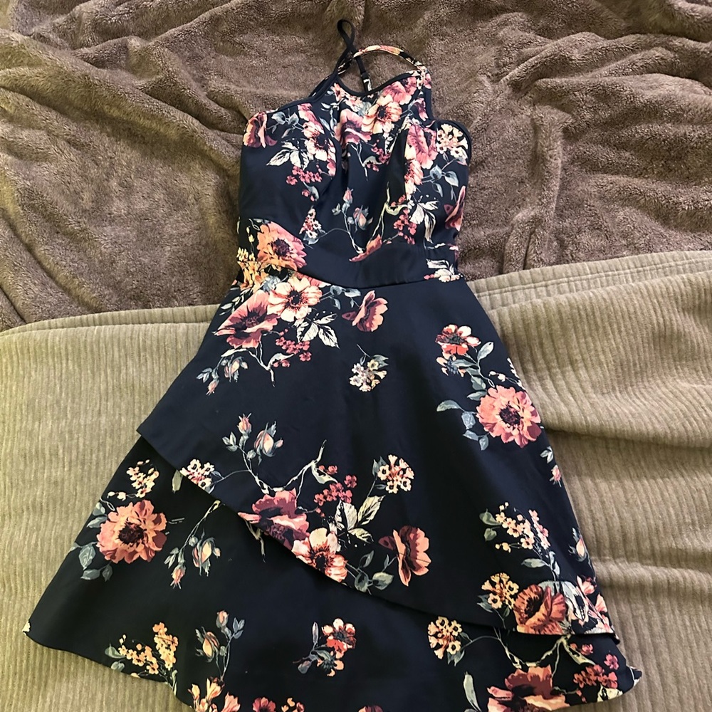 Cute Navy Blue Dress with Pink Flowers